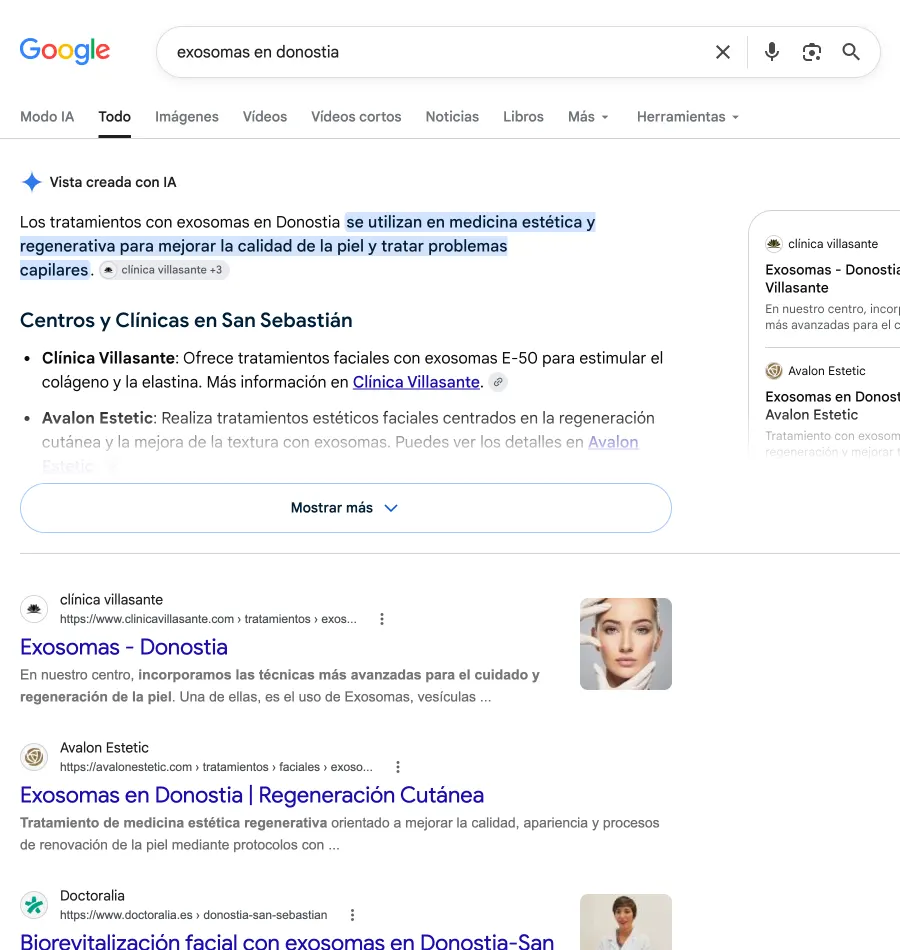 Avalon Estetic aparece en los resultados orgánicos y se menciona en la vista creada con IA.