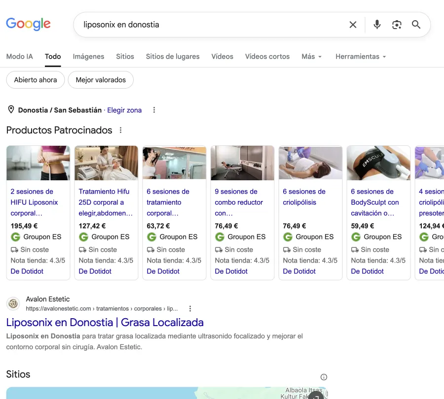 La página de Liposonix de Avalon Estetic aparece como resultado orgánico debajo del bloque de productos patrocinados.