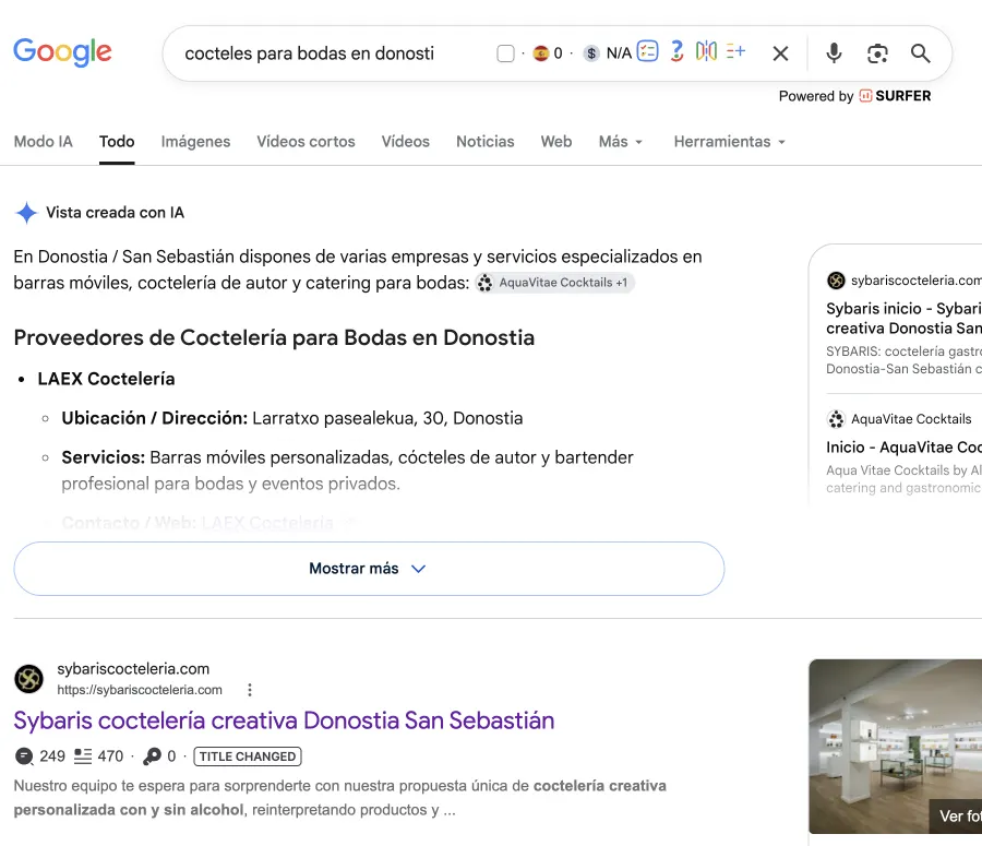 Google menciona a LAEX Coctelería entre los proveedores en su vista creada con IA.