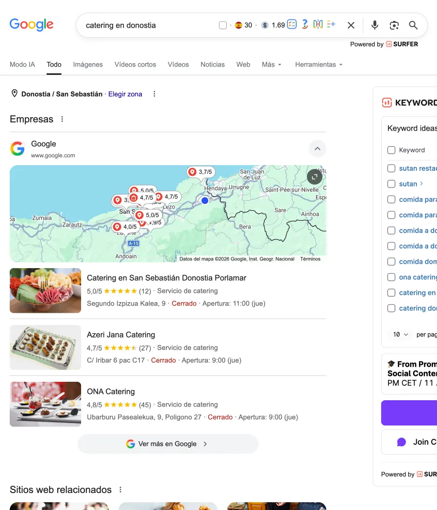 Porlamar aparece en el bloque de empresas locales y como resultado orgánico con su web porlamar.eu. La captura muestra también su presencia en el bloque de imágenes.